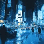 A cool blue palette washes over the busy night cityscape.