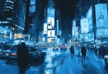 A cool blue palette washes over the busy night cityscape.