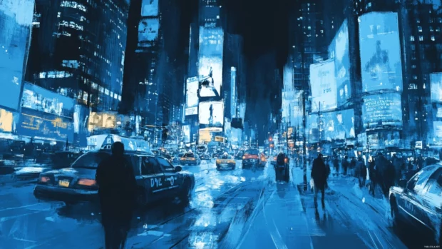 A cool blue palette washes over the busy night cityscape.