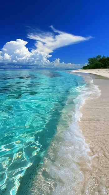 A cool, crystal clear beach with turquoise water and pure white sand.