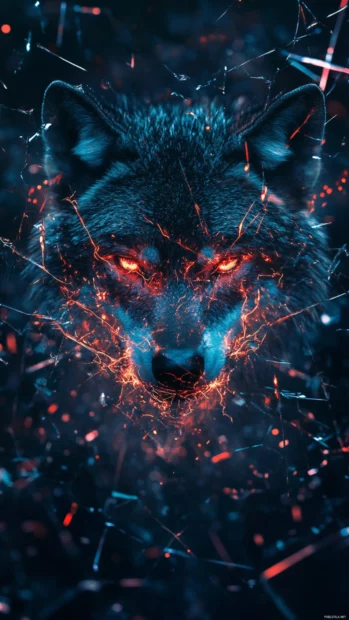 A cool wolf iPhone wallpaper showing the wolf reflection burning in neon flames across shattered glass .