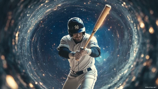 A cosmic baseball player surrounded by swirling galaxies, their bat glowing like a shooting star.
