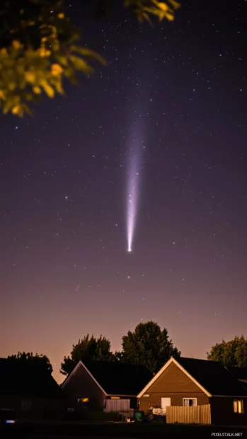 A cosmic night sky featuring bright constellations and a faint comet with a glowing tail.