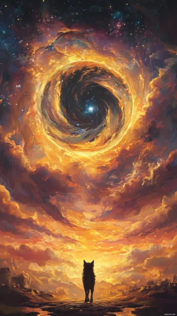 A cosmic scene of a wolf staring into a swirling star portal.