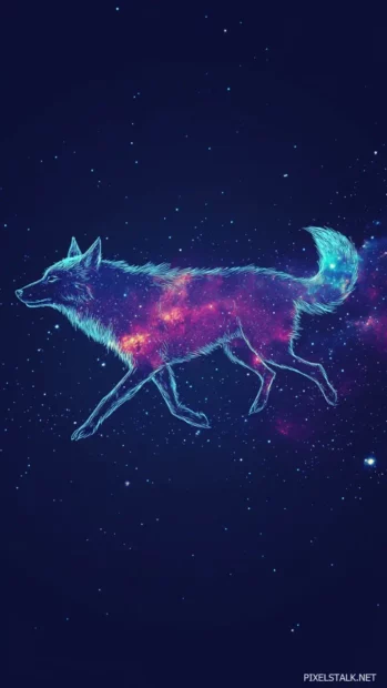 A cosmic wolf made of stars running along a trail of light through galaxies.