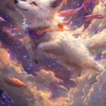 A cosmic wolf pup flies along comets in a whimsical starry dimension.
