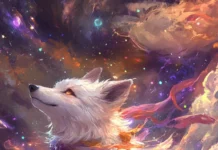 A cosmic wolf pup flies along comets in a whimsical starry dimension.
