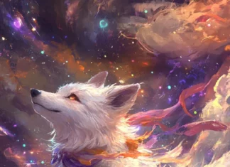 A cosmic wolf pup flies along comets in a whimsical starry dimension.