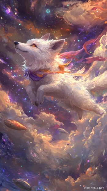 A cosmic wolf pup flies along comets in a whimsical starry dimension.