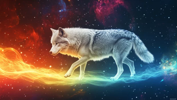 A cosmic wolf walking along a glowing energy path in space.