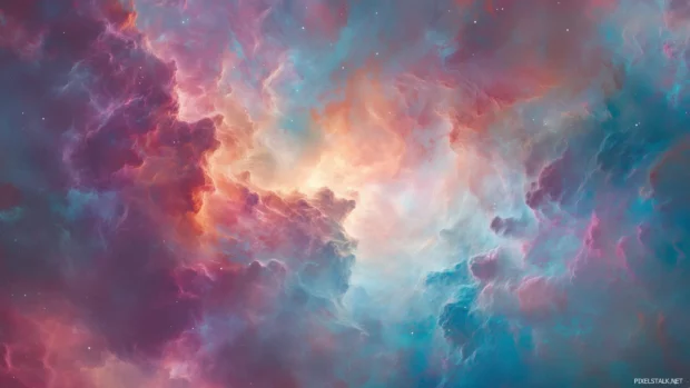 A cotton candy sky with pastel pinks, blues, and purples blending harmoniously.