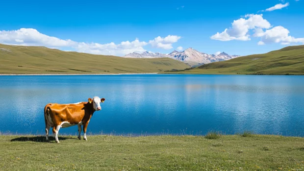 A cow standing beside a quiet lake under blue sky.