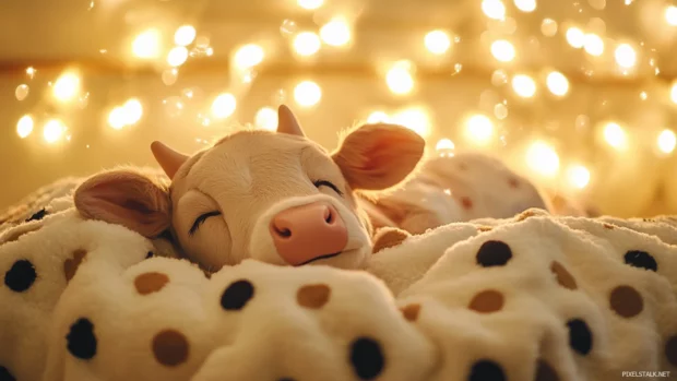 A cozy Kawaii Cow curled up in a polka dot blanket under twinkling lights.