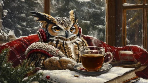 A cozy winter den with an owl sipping tea and wearing earmuffs.