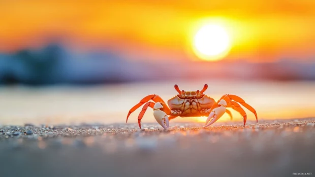 A crab on the sand at sunrise, with its claws and eyes visible, and the ocean blurred.