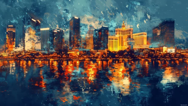 A creative take on Las Vegas skyline with focus on its architectural beauty and vibrant lights.