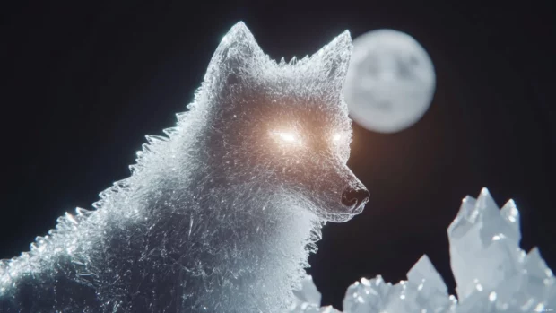 A crystal detailed 3D wolf glows under moonlight in this mesmerizing desktop scene.