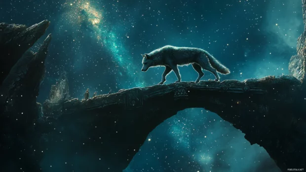 A crystal wolf walking across an ancient stone bridge suspended in stars.