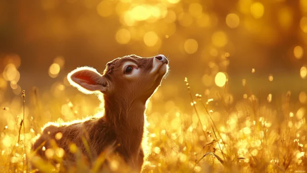 A curious calf looking up in cow grazing wallpaper for desktop.