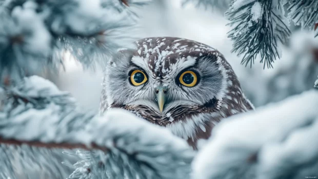 A curious owl peeking out from behind thick pine needles, snow collecting on its feathers.