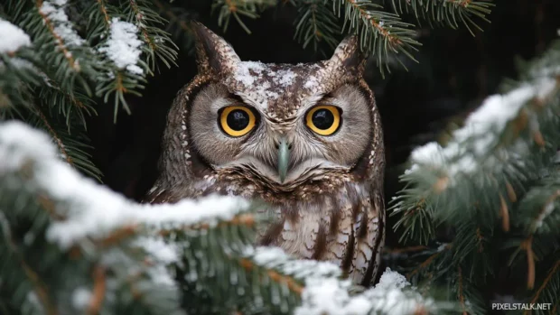 A curious owl peeking out from behind thick pine needles, snow collecting on its feathers.