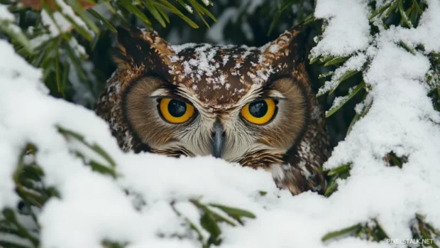 A curious owl peeking out from behind thick pine needles, snow collecting on its feathers.