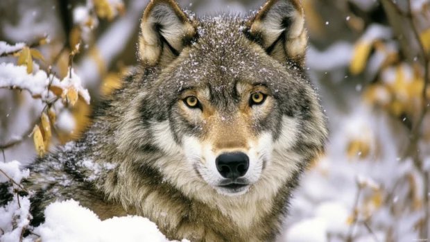A curious wolf explores the quiet woodland blanketed in thick snow.