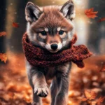 A cute baby wolf with a scarf, walking through a trail of falling autumn leaves.
