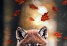 A cute baby wolf with a scarf, walking through a trail of falling autumn leaves.