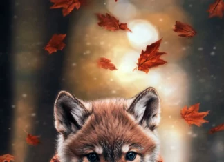 A cute baby wolf with a scarf, walking through a trail of falling autumn leaves.