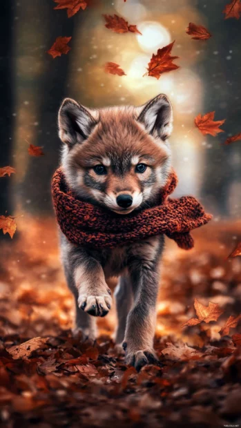 A cute baby wolf with a scarf, walking through a trail of falling autumn leaves.