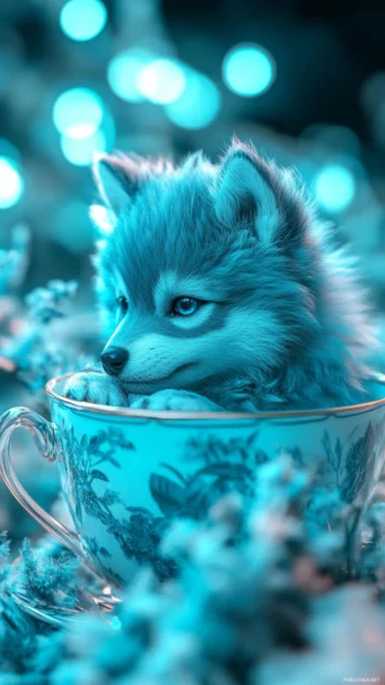 A cute blue wolf pup peeking out from inside a teacup.