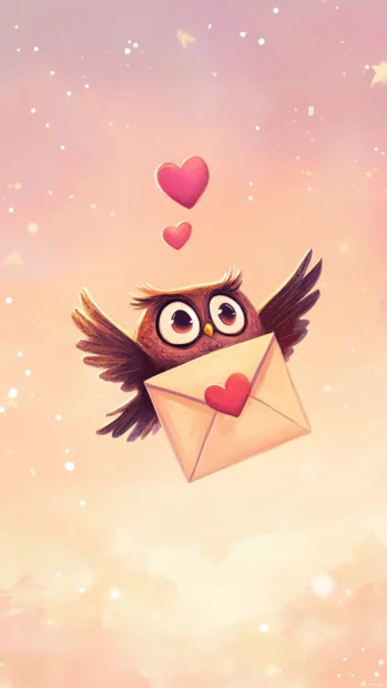 A cute cartoon owl flies across a soft pink sky carrying an envelope sealed with a heart.