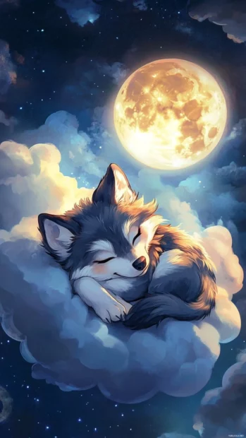A cute chibi style wolf pup curled up on a cloud beneath a smiling moon.