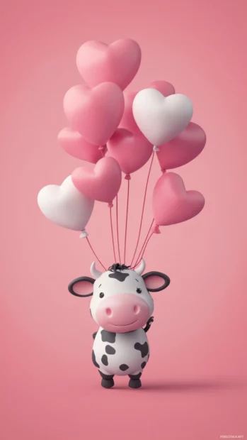 A cute cow floating among heart shaped balloons.
