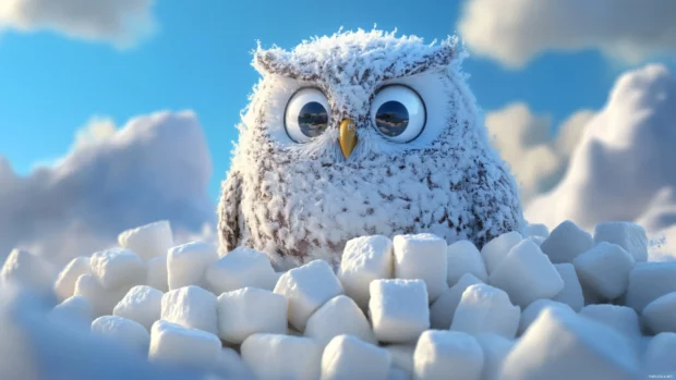 A cute owl shaped like a snowball sliding down a hill of marshmallows.