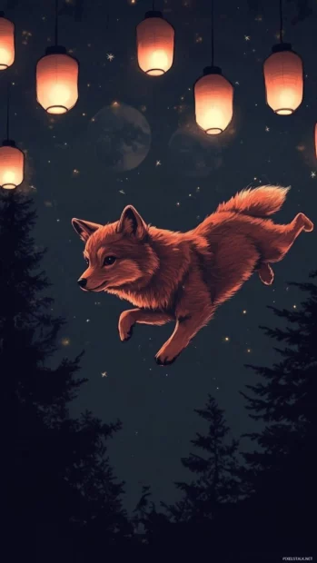 A cute red wolf pup leaping across lanterns hanging in the sky.