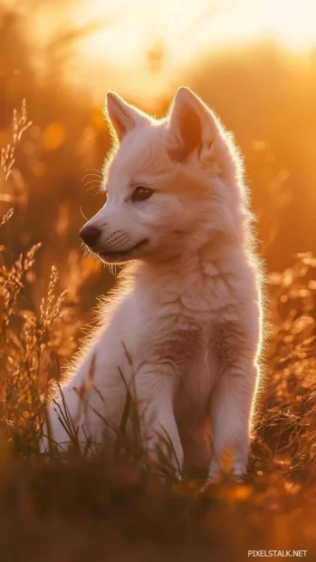 A cute white wolf pup playing in vertical beams of golden morning light.