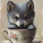 A cute wolf pup peeking out from inside a teacup.