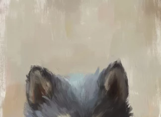 A cute wolf pup peeking out from inside a teacup.