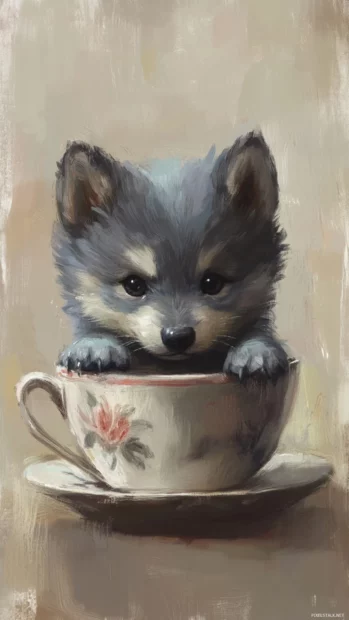 A cute wolf pup peeking out from inside a teacup.