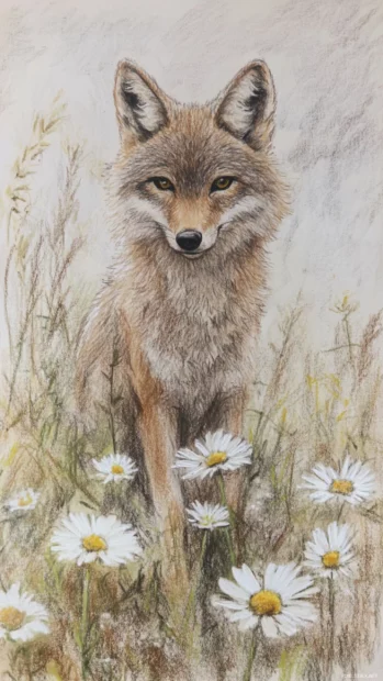 A cute wolf sketch drawn in crayon colors sitting in a field of daisies.