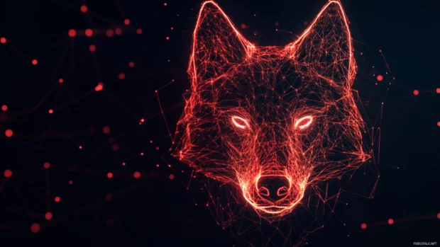 A cyber wolf head formed entirely from neon wireframe lines floating over black void.
