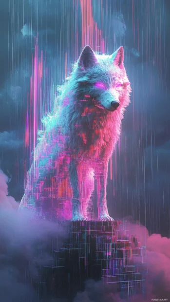 A cyber wolf standing in the rain with its holographic fur glitching.