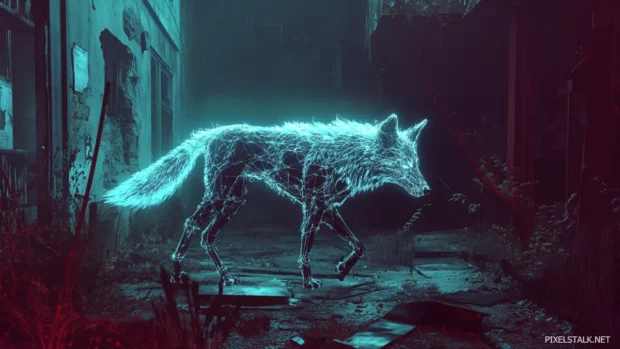 A cybernetic wolf made of chrome and plasma light walking confidently through ruins.