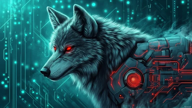 A cybernetic wolf with armor and glowing red circuitry.