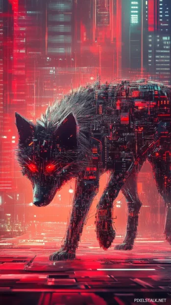 A cyberpunk style wolf made of circuit lines walking through static.