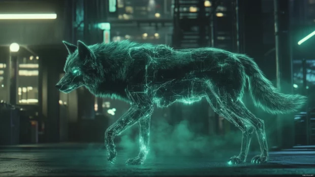 A cyberpunk wolf with chrome fur walks through neon fog.