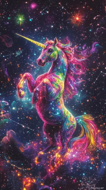 A dancing Unicorn under neon fireworks and constellations.
