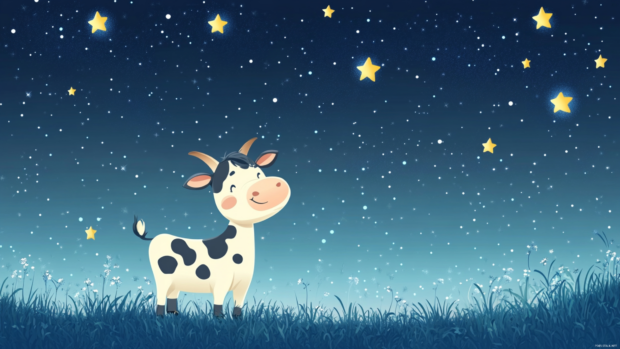 A dancing cow under stars in this Kawaii cow cartoon background.